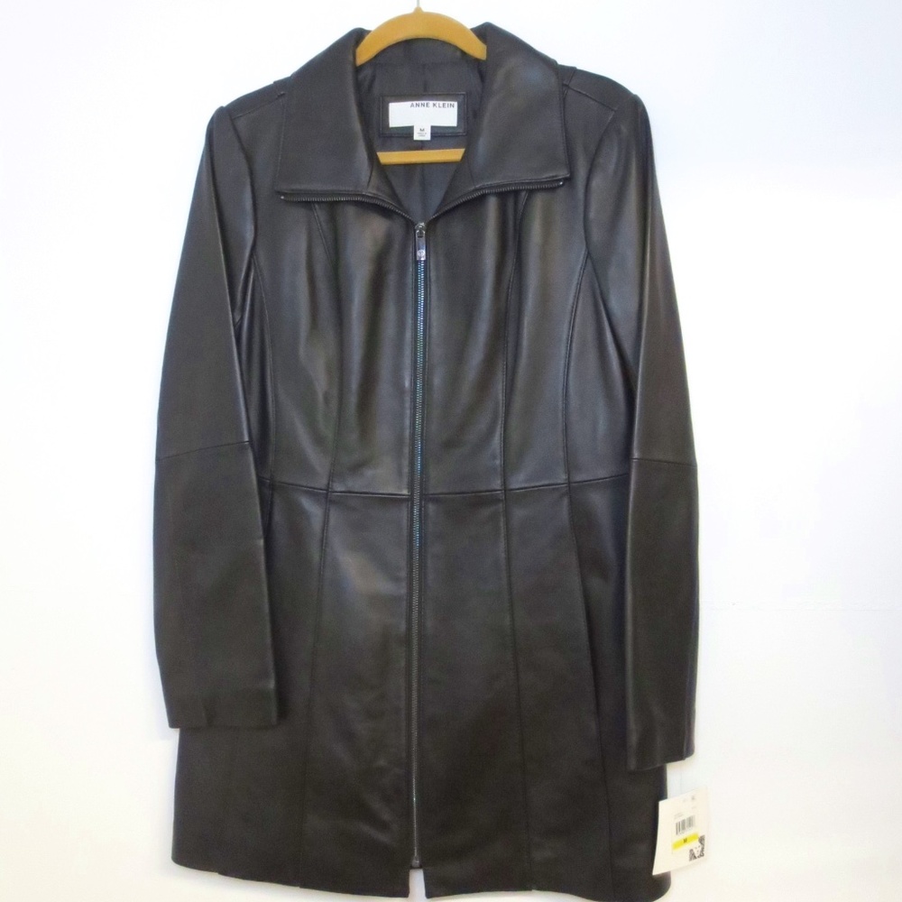 Anne Klein Stand Collar Leather Coat size M color Black